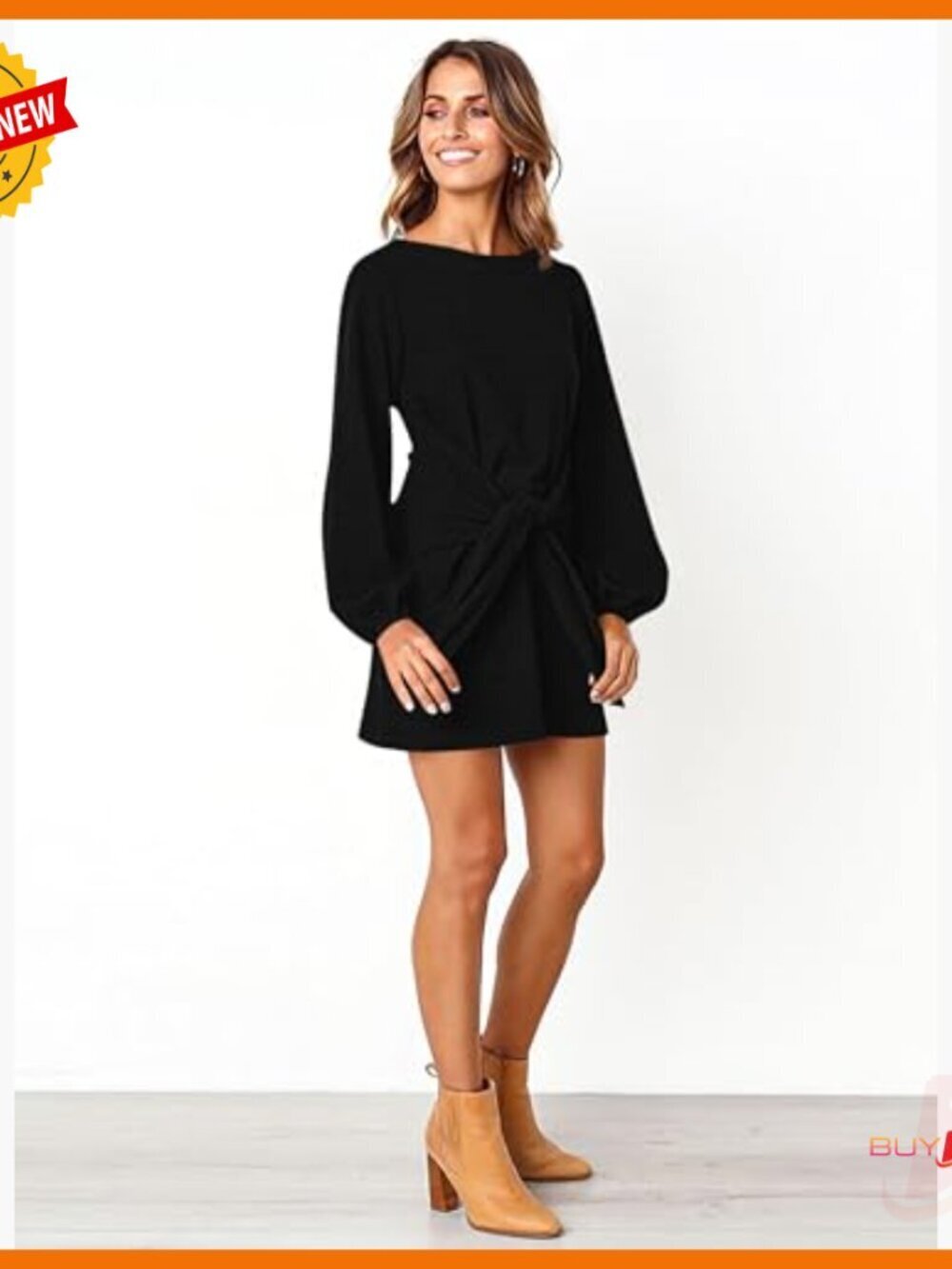 Long Sleeve Knit Cocktail Dress with Tie Waist and Lantern Sleeves - Picture 4 of 7